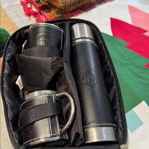 UPS Black Leather Thermos and Mug Travel Set